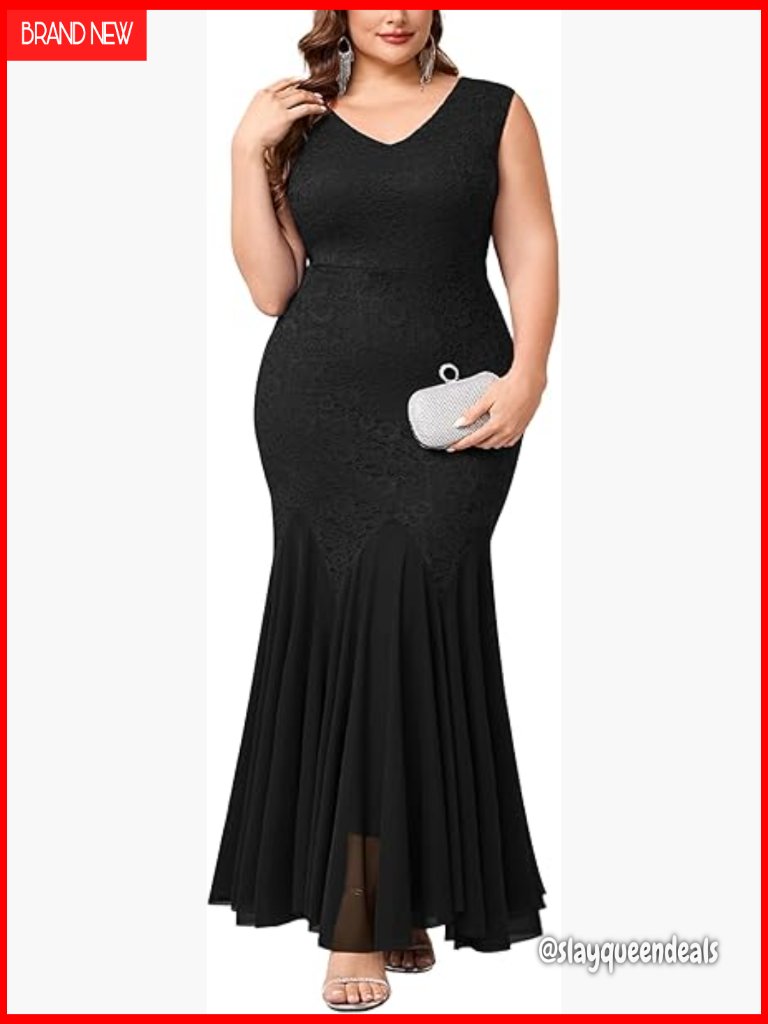 Plus Size Formal Mermaid Maxi Dress With V-Neck Off Shoulder Lace Mesh